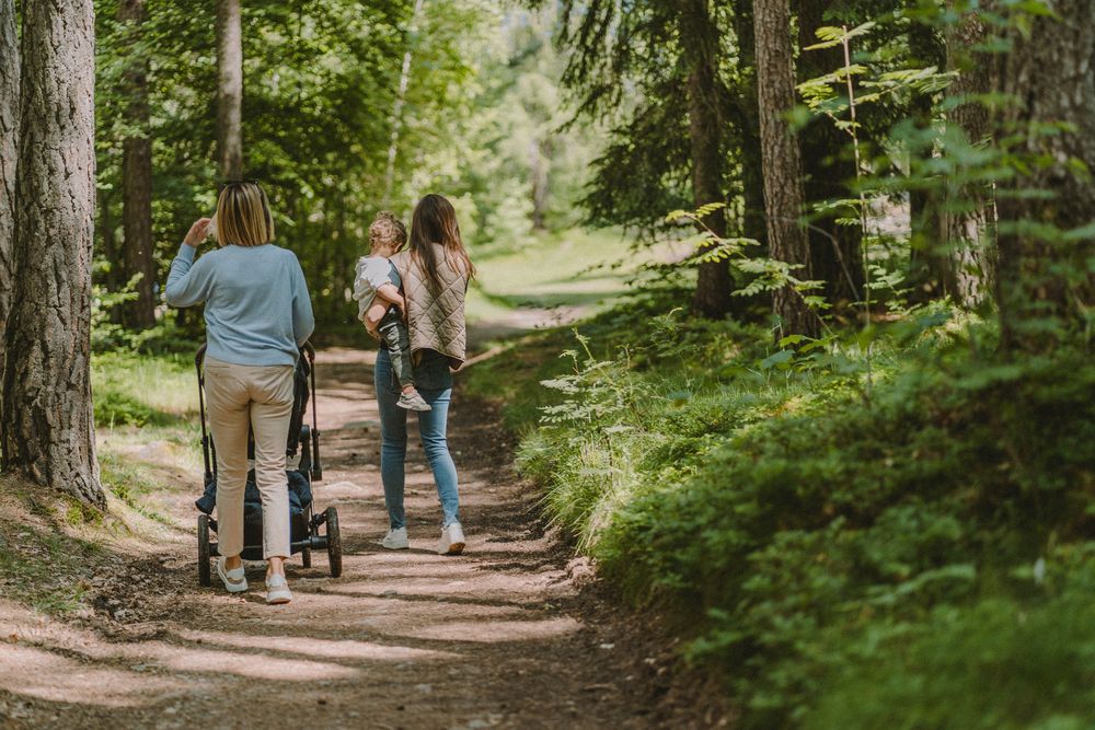 Two women walking on a forest path, one pushing a stroller and the other carrying a child.