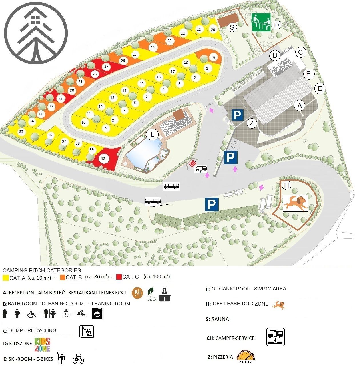 Map of a camping site with color-coded pitch categories, reception, bathrooms, sauna, organic pool, off-leash dog zone, and parking areas.
