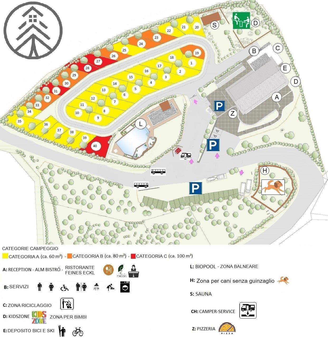 Mappa di un campeggio con aree di sosta differenziate per dimensione, piscina, ristorante, zona bambini, area cani senza guinzaglio e parcheggi.