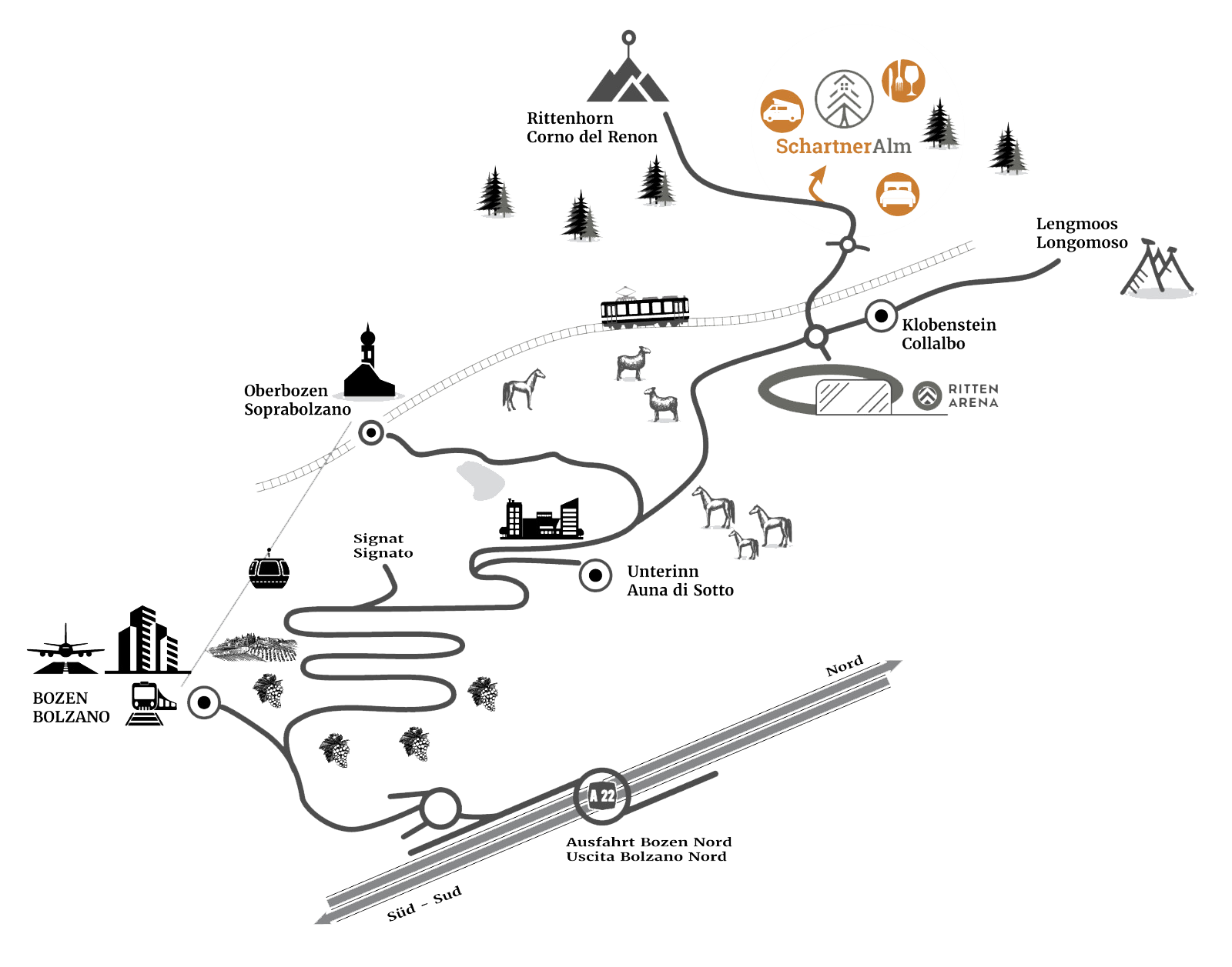 Mappa stilizzata della zona di Bolzano con strade, treni, funivia e punti di interesse come Schartner Alm e Rittenhorn.