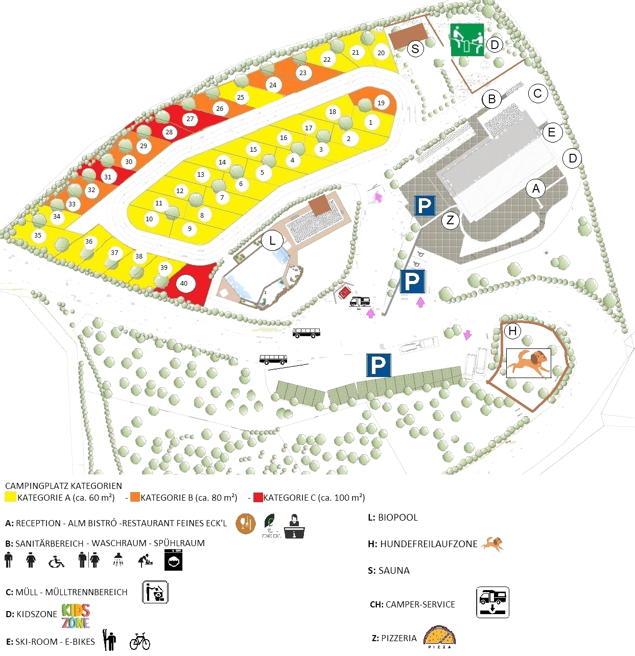 Übersichtskarte eines Campingplatzes mit verschiedenen Kategorien von Stellplätzen, Gebäuden und Einrichtungen wie Sauna, Biopool, Hundefreilaufzone und Pizzeria.